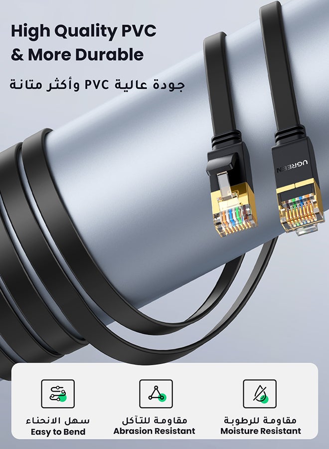 يو جرين - كابل إيثرنت Cat7 عالي السرعة مسطح RJ45 ومغلف LAN بسرعة 10 جيجابايت في الثانية لشبكة الإنترنت متوافق مع أجهزة الألعاب بلايستيشن 5 و4 و3 وإكس بوكس وجهاز الكمبيوتر واللابتوب والراوتر بطول 2 متر أسود - Image 1