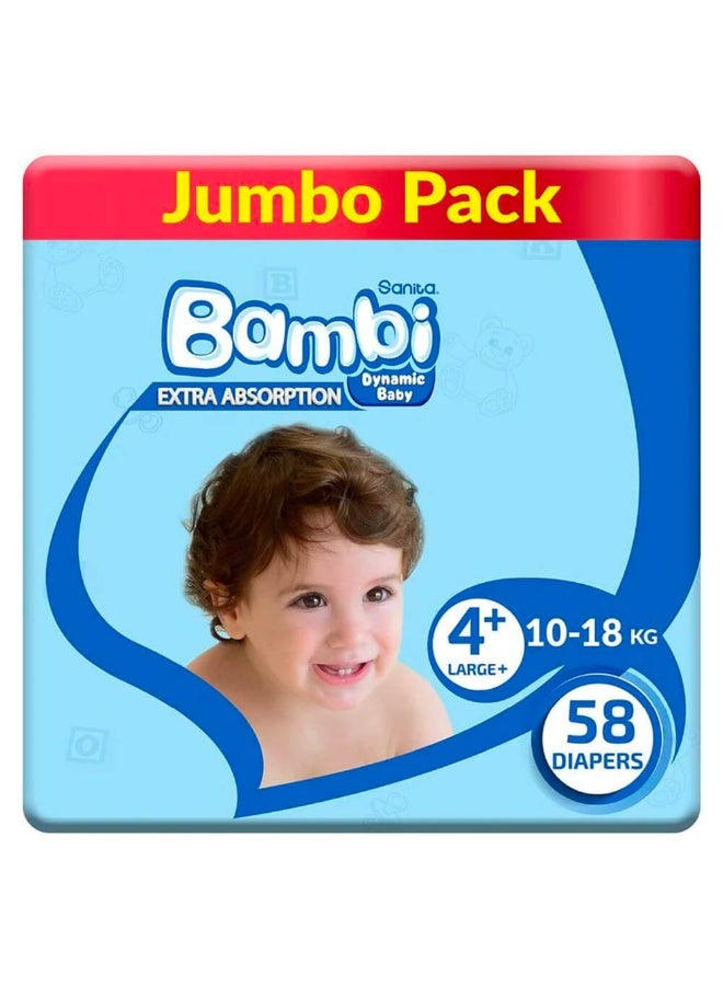 Sanita Bambi Sanita Baby Diapers, Size 4+, Large, 10-18 kg, Jumbo Pack, 58 Diapers - Image 1