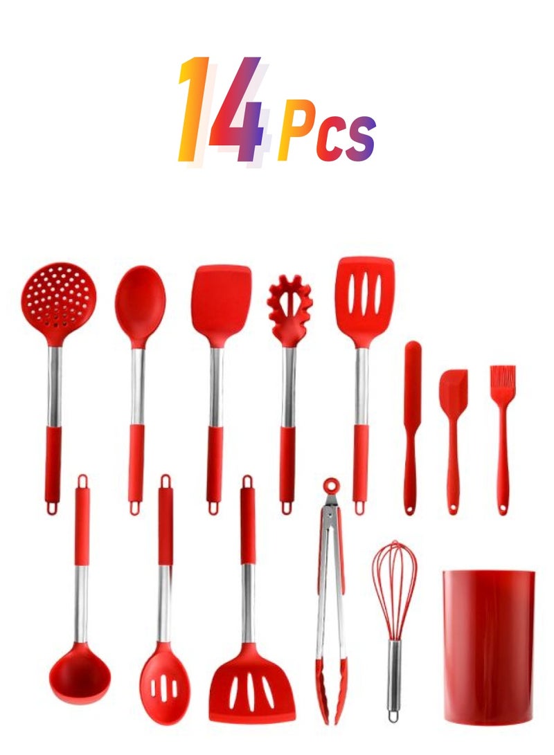 طقم أدوات طبخ مصنوعة من السيليكون مكون من 14 قطعة أحمر/فضي - Image 1