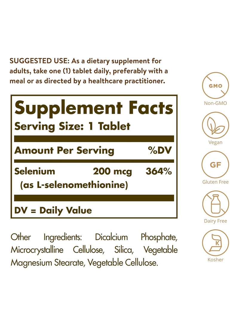 Solgar Yeast Free Selenium 200 MCG Dietary Supplement - 250 Tablets - Image 2