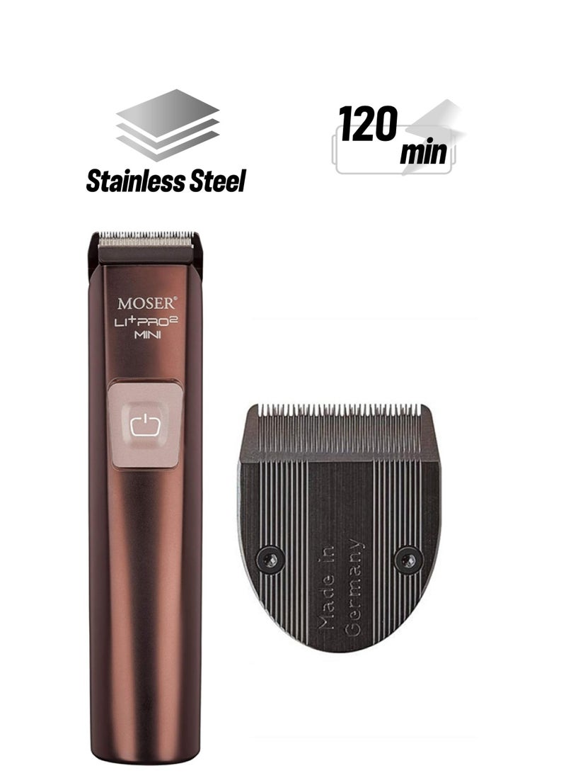 MOSER Li+Pro2 Mini Professional Cord/Cordless Electric Hair Trimmer, 80 Min Quick Charge, 120 Minutes Run Time, 3-Speed Levels, Intelligent Push Button With Charging Stand, 1588-0151 Metallic Brown - Image 1