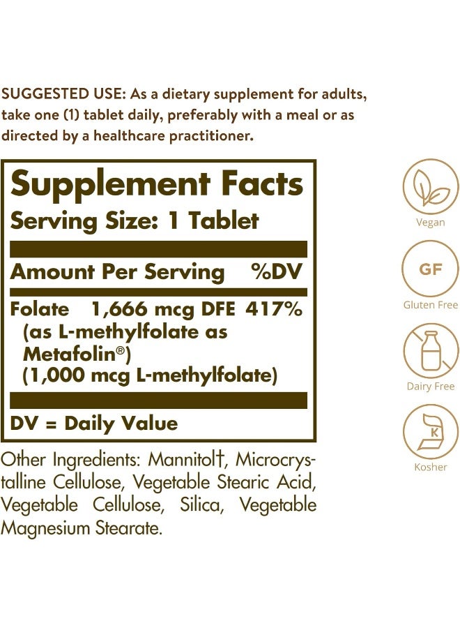Solgar Folate (Metafolin) 1000 Mcg - 120 Tablets - Image 2