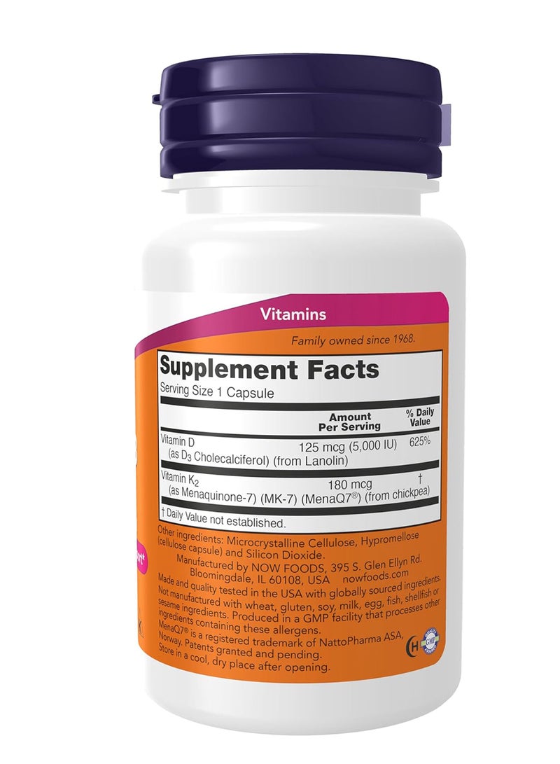 Now Foods - Mega D-3 & MK-7 with Vitamins D-3 & K-2, 5,000 IU/180 mcg, 60 Capsules - Image 1