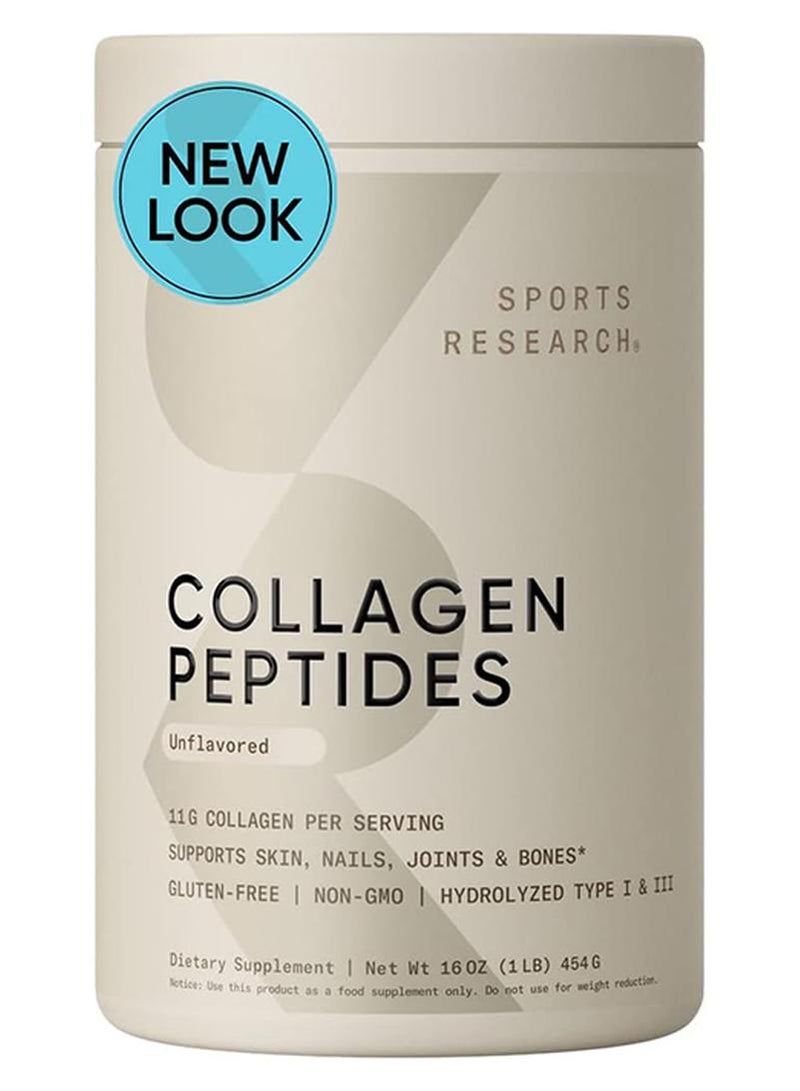 Sports Research Collagen Peptides Powder Unflavored Hydrolyzed Type I & III  1lb 454g - Image 1