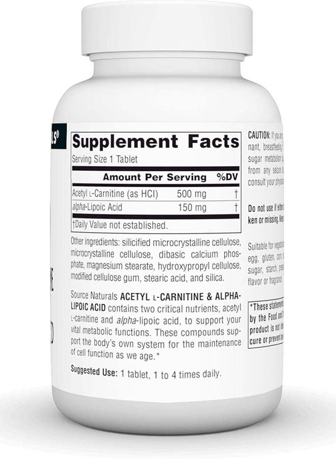 Source Naturals Acetyl L-Carnitine And Alpha-Lipoic Acid 650 mg - 60 Tablets - Image 3