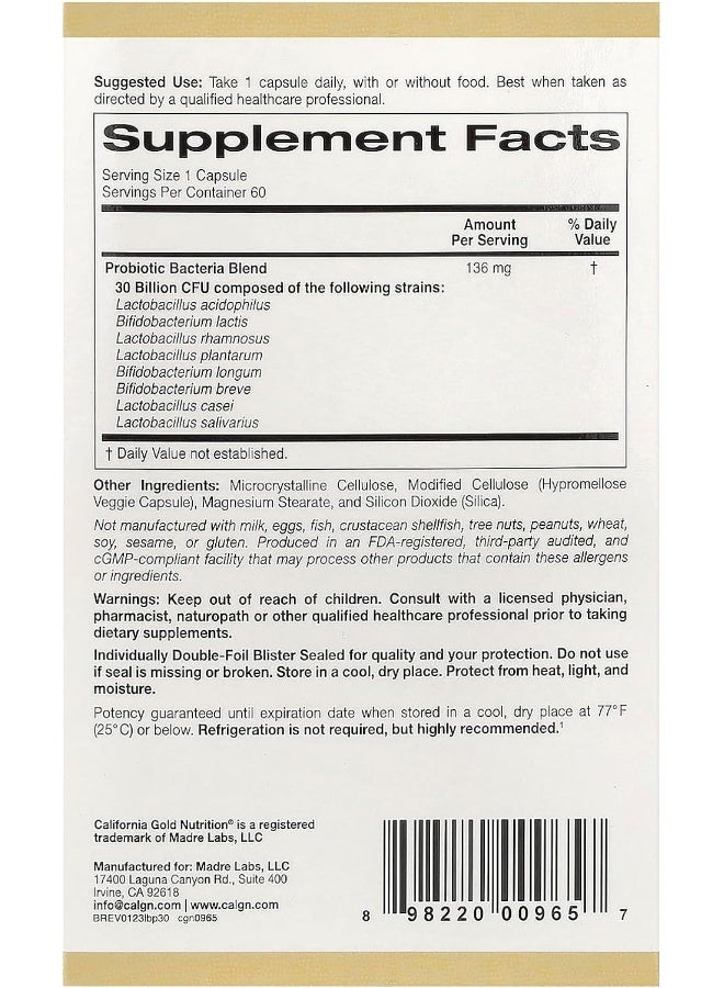 California Gold Nutrition - LactoBifÂ® 30 Probiotics, 30 Billion CFU, 60 Veggie Capsule - Image 1