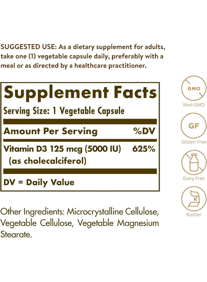Solgar Vitamin D3 (Cholecalciferol) 125 mcg (5,000 IU) 240 Vegetable Capsules - Image 3
