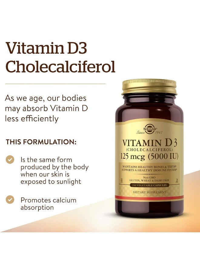 Solgar Vitamin D3 (Cholecalciferol) 125 mcg (5,000 IU) 240 Vegetable Capsules - Image 2
