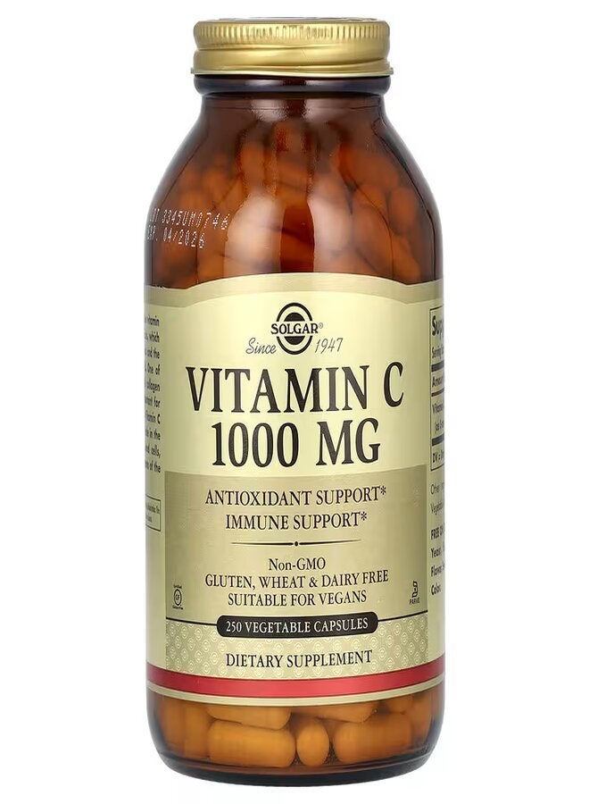 Solgar Vitamin C 1000 Mg Antoixidant And Immune Support Dietary Supplement Gluten, Wheat And Dairy Free Suitable For Vegans 250 Vegetable Capsules - Image 1