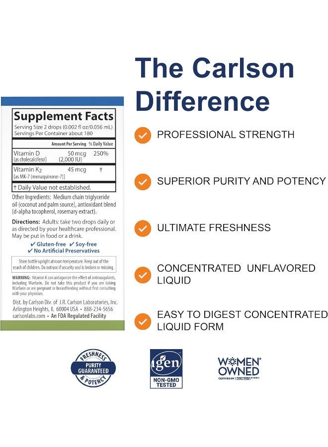 Carlson Super Daily D3 Plus K2 Dietary Supplement - 360 Liquid Drops - Image 2