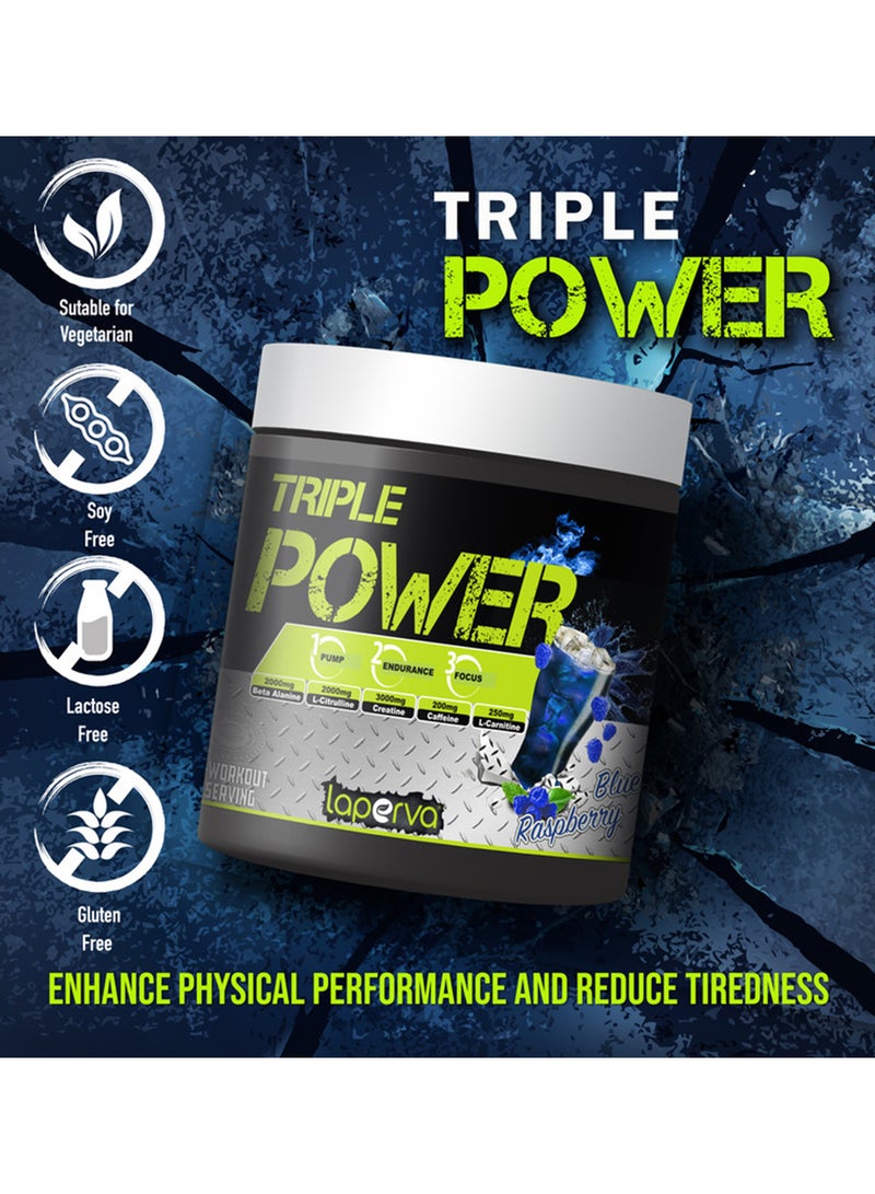 Laperva - Triple Power Pre-Workout Blue Raspberry Food Supplement-30 Servings -300gm - Image 1
