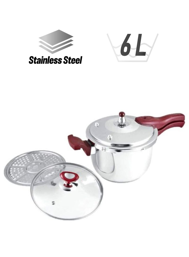 ديسيني وعاء طهي بالضغط من الستانلس ستيل فضي / أحمر 6لترات