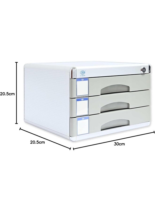 FIS Aluminium File Cabinet with Key, 3 Drawers, Grey, 300 x 360 x 205 mm Grey - Image 2