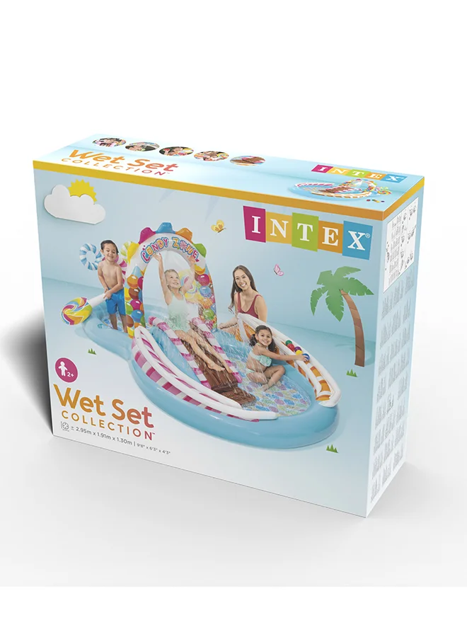 INTEX Inflatable Unisex Candy Zone Play Center Pool with Water Slide, Splash, Drain Plug & Repair Patch Included 294.64 cm x 190.5 cm x 129.54cm