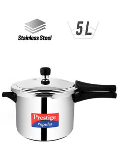 Prestige Popular Stainless Steel Pressure Cooker with 4.5 mm Thick Alpha Base and Induction Compatible and with sturdy handles Silver 5Liters  - Image 1