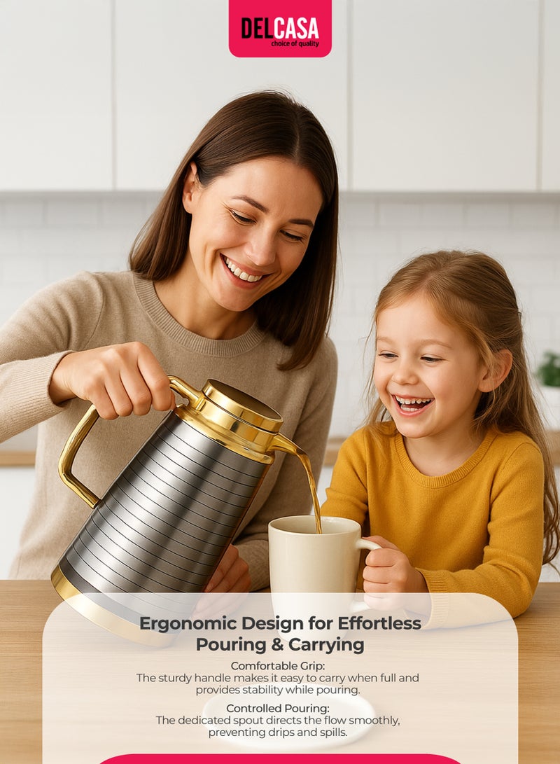 DELCASA Stainless Steel Vacuum Flask Silver/Gold 1.3Liters - Image 3