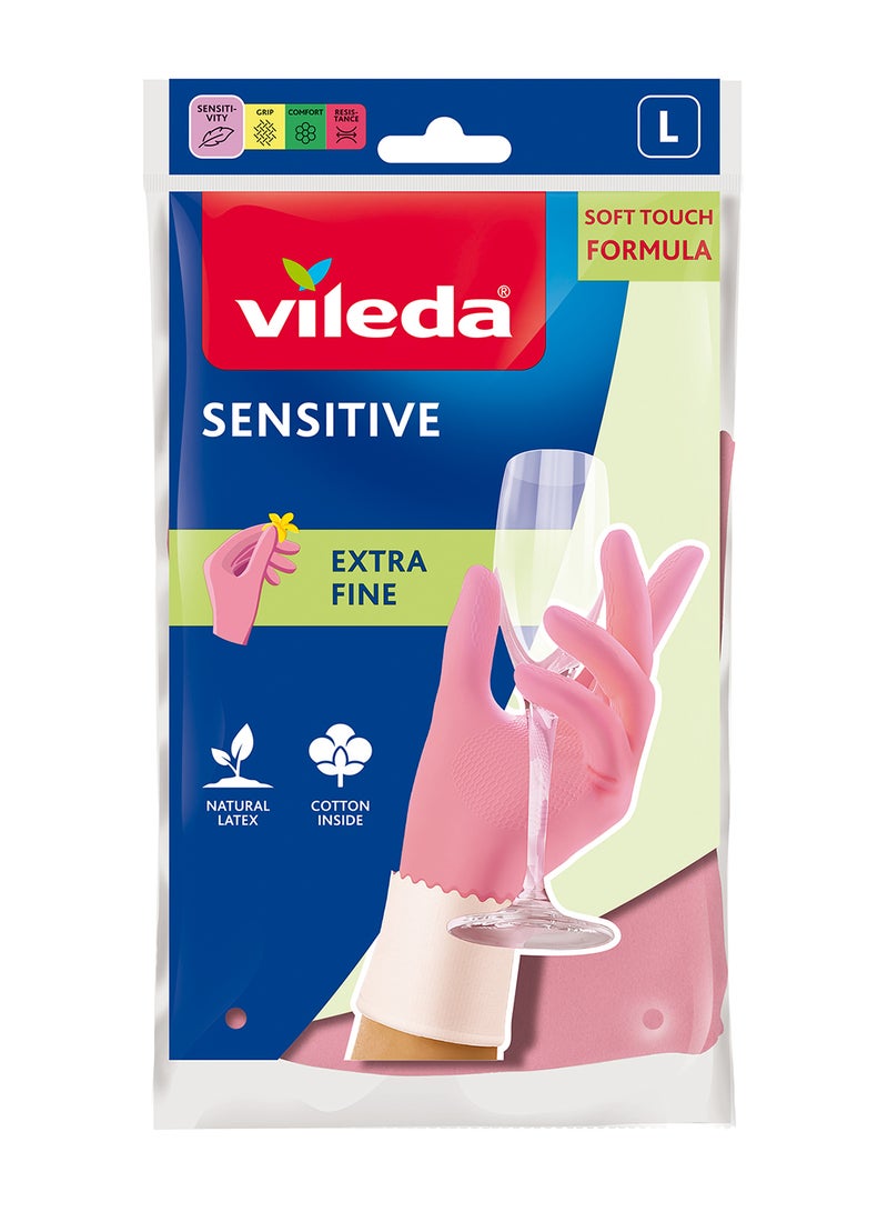 Vileda Sensitive Durable Household Gloves – Reusable Cotton-Lined Natural Latex for Better Touch & Comfort, Grip Pattern for Secure Hold – Size L – Household Cleaning Gloves Pink/Beige L - Image 1