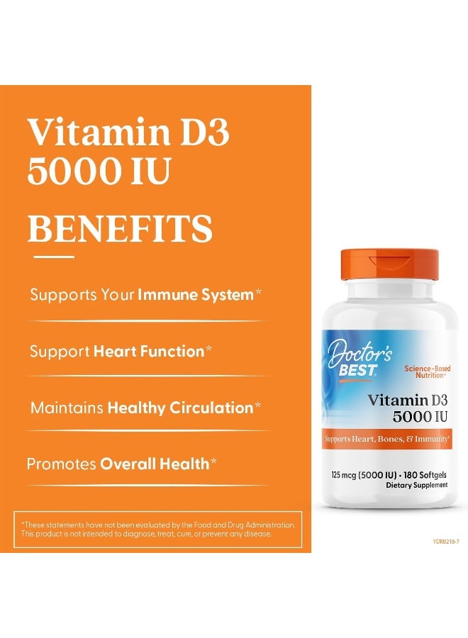 Doctor's BEST - Vitamin D3, 125 mcg (5,000 IU), 180 Softgels Packaging May Vary - Image 1