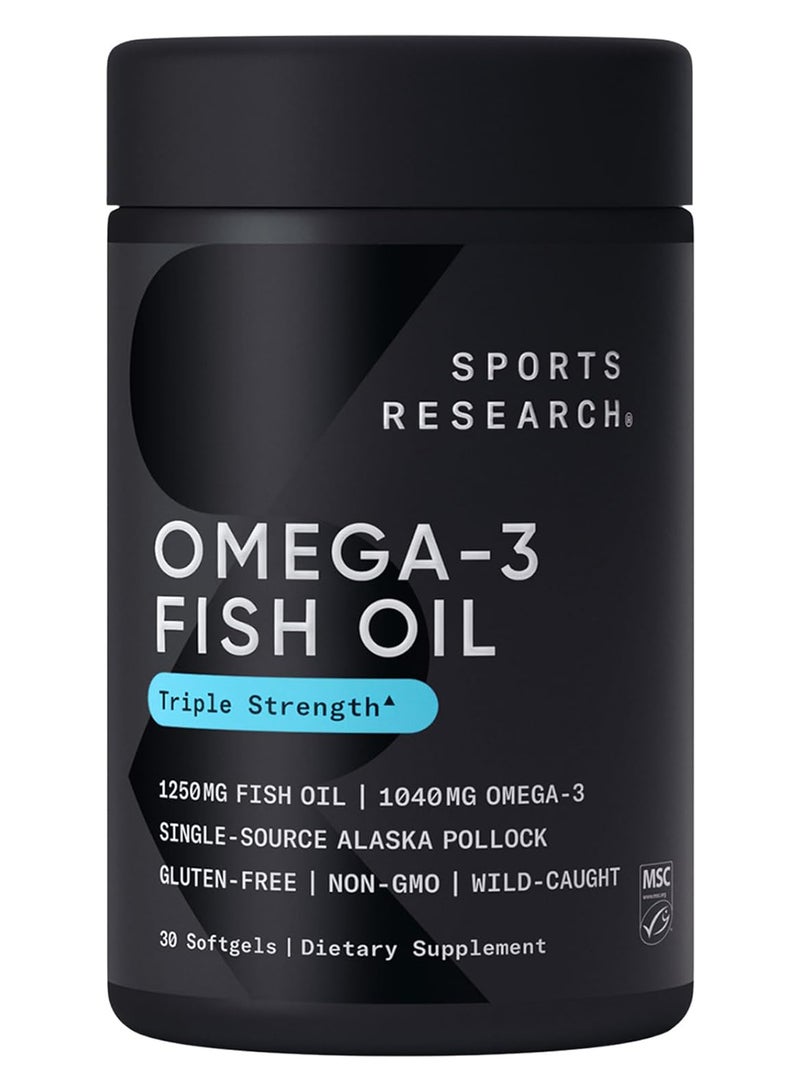 SPORTS RESEARCH - Triple Strength Omega-3 Fish Oil 1250mg Dietary Supplement - 30 Softgels - Image 1