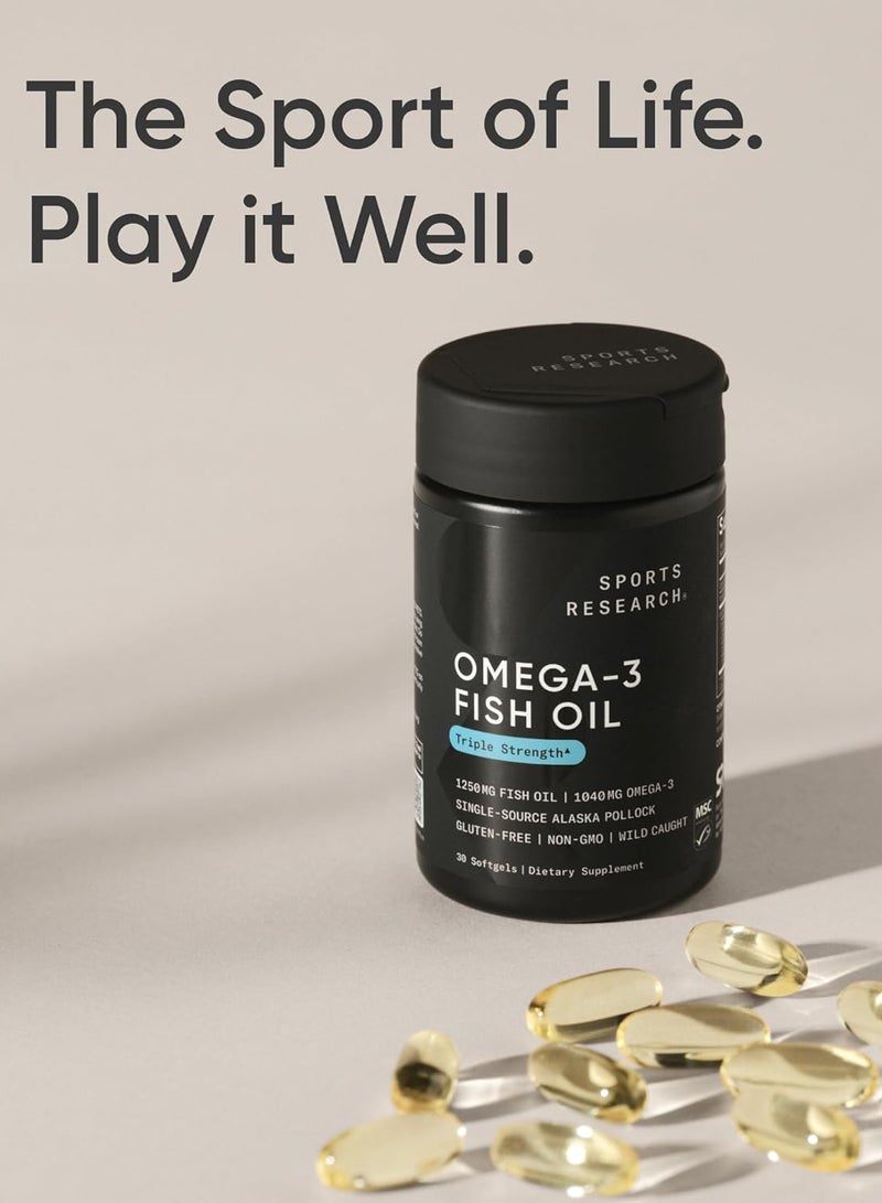 SPORTS RESEARCH - Triple Strength Omega-3 Fish Oil 1250mg Dietary Supplement - 30 Softgels - Image 1