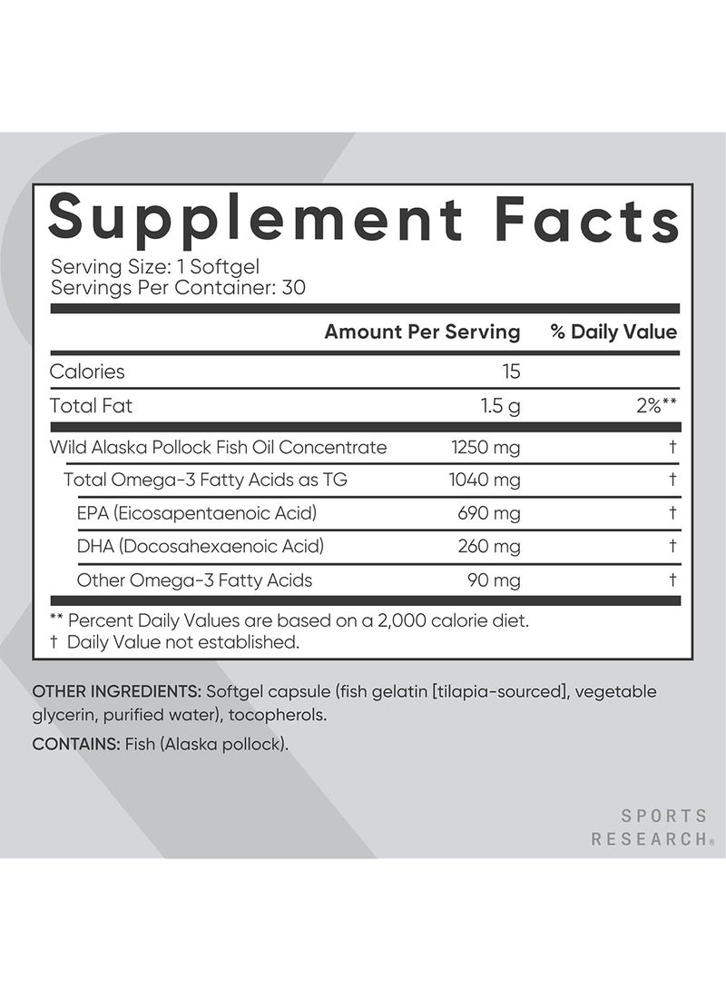 SPORTS RESEARCH - Triple Strength Omega-3 Fish Oil 1250mg Dietary Supplement - 30 Softgels - Image 1