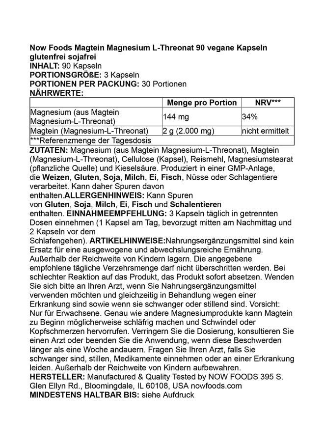 Now Foods Magtein, Magnesium L-Threonate, 90 Veg Capsules - Image 5