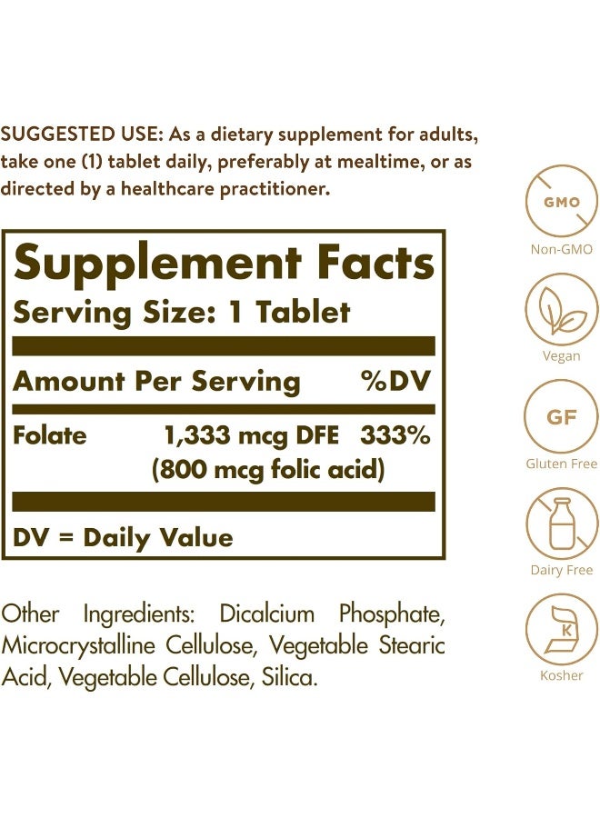 Solgar Folate 1,333 mcg DFE (800 mcg Folic Acid) | 250 Tablets Packaging May Vary - Image 3