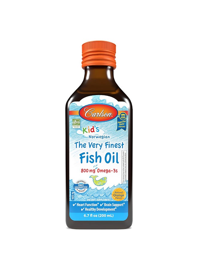 Carlson Labs Kid's Norwegian The Very Finest Fish Oil, Orange, 800 mg Omega-3s, 200 mL - Image 1