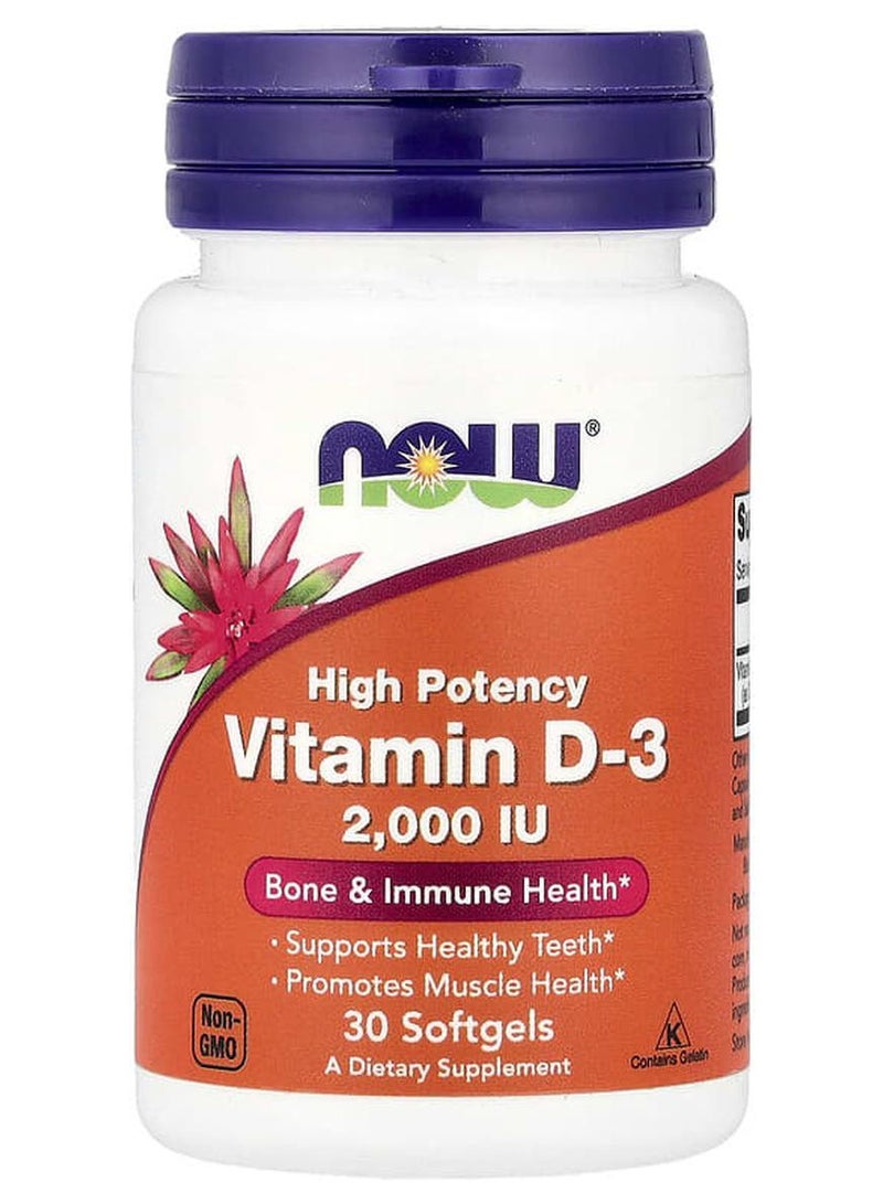 ناو فودز مكمل غذائي فيتامين D-3 قوي المفعول بتركيز 2000 وحدة دولية - 30 كبسولة هلامية - Image 1