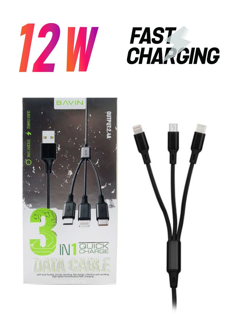 بافين كابل 3 في 1 للشحن السريع ومزامنة البيانات أسود - Image 1