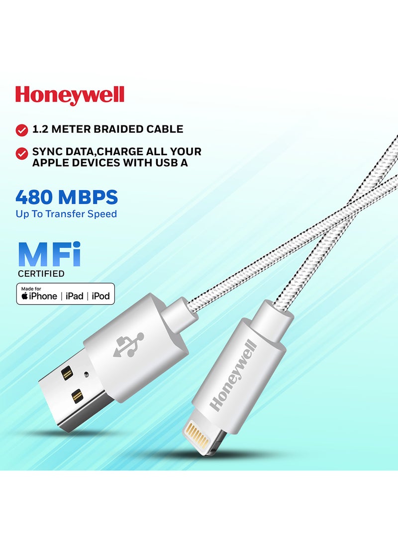 Honeywell Iphone Lightning Cable 1.2Mtr Mfi Certified Compatible With Iphone 14/13/12/11 Series Ipad Ipod Upto 480Mbps Transfer Speed Braided Silver Silver  - Image 1