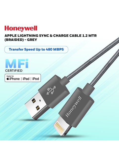 Iphone Lightning Cable 1.2Mtr Mfi Certified Compatible With Iphone 14/13/12/11 Series Ipad Ipod Upto 480Mbps Transfer Speed Braided Grey Grey