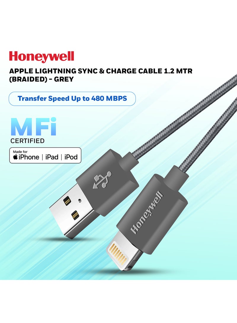 Iphone Lightning Cable 1.2Mtr Mfi Certified Compatible With Iphone 14/13/12/11 Series Ipad Ipod Upto 480Mbps Transfer Speed Braided Grey Grey