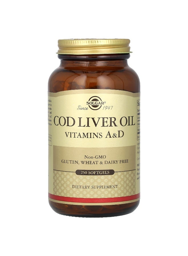 Solgar Cod Liver Oil, Vitamins A & D, 250 Softgels - Image 1