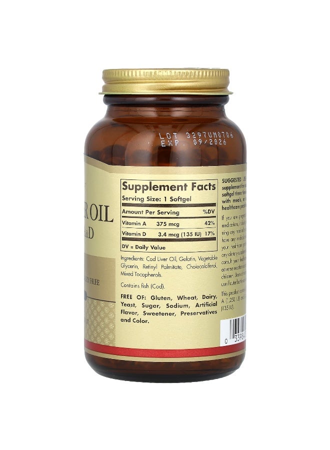 Solgar Cod Liver Oil, Vitamins A & D, 250 Softgels - Image 2