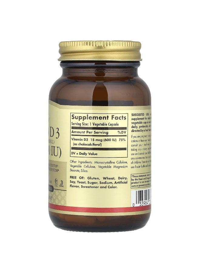 Solgar - Vitamin D3 (Cholecalciferol), 15 mcg (600 IU), 120 Vegetable Capsules - Image 1