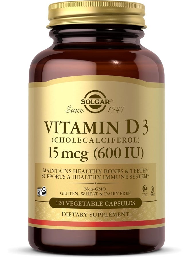 Solgar - Vitamin D3 (Cholecalciferol), 15 mcg (600 IU), 120 Vegetable Capsules - Image 1
