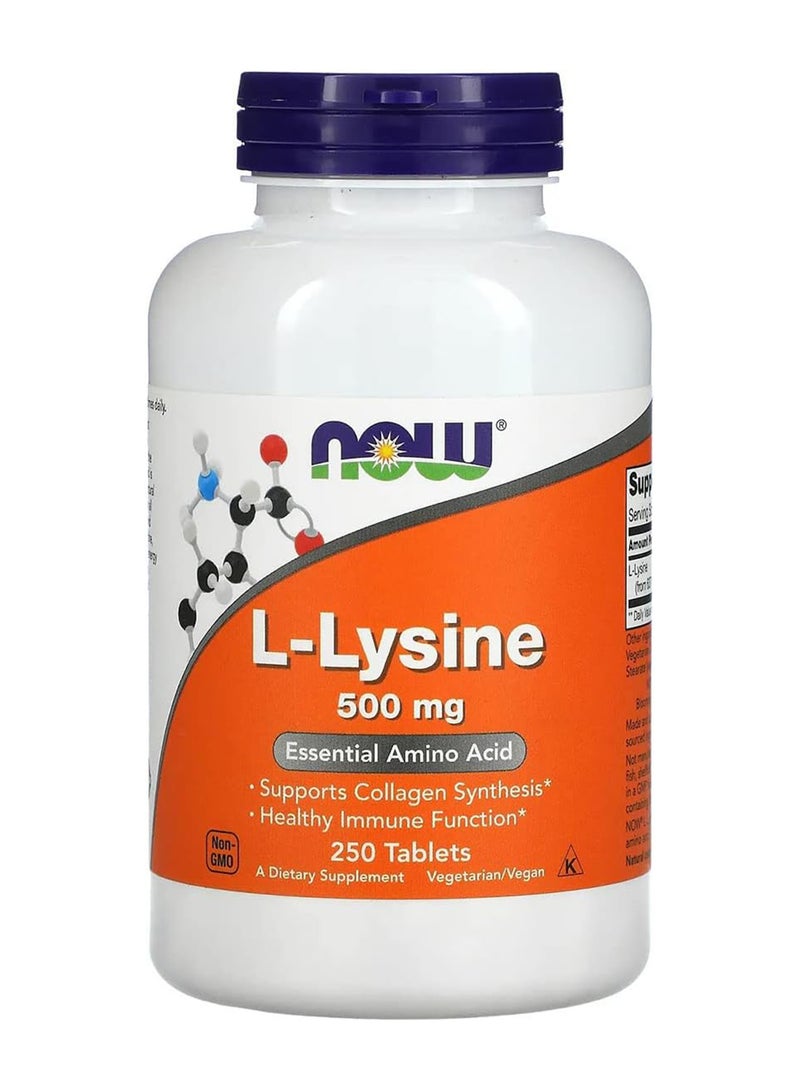 Now Foods L-Lysine, Essential Amino Acid 500mg, 250 Tablets - Image 1