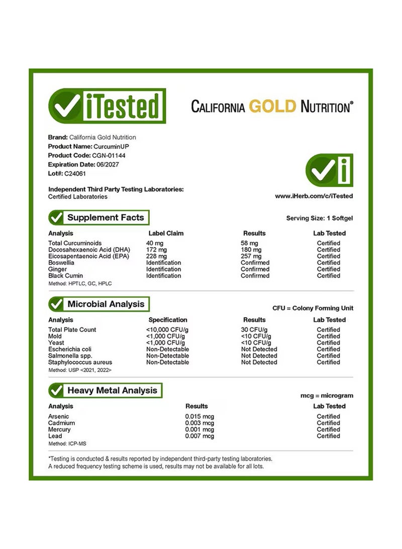 California Gold Nutrition Curcumin UP Dietary Supplement - 30 Softgels  - Image 4