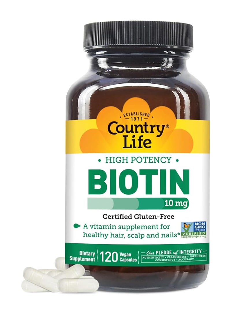 Country Life High Potency Biotin 10mg Vitamin Supplement - 120 Vegan Caps  - Image 1