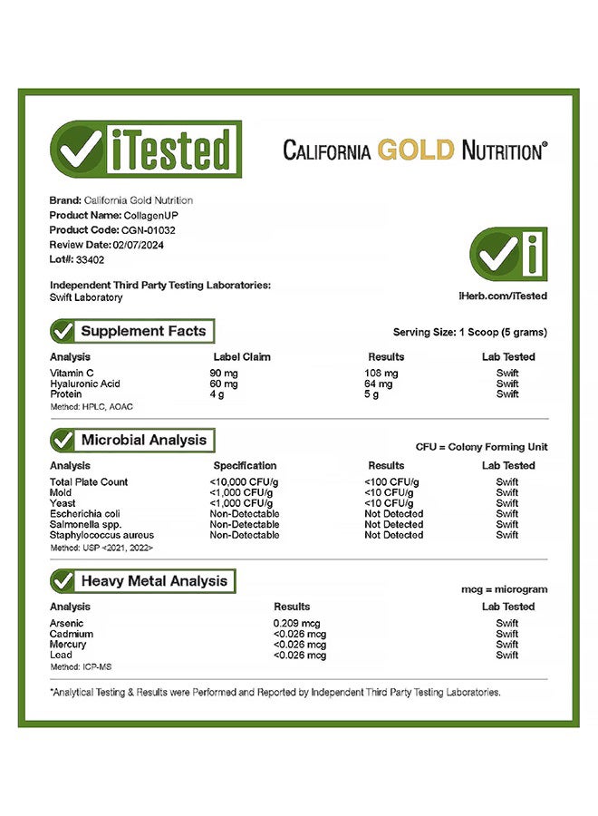 California Gold Nutrition Collagenup Marine Collagen + Hyaluronic Acid + Vitamin C Unflavored 464 G - Image 5