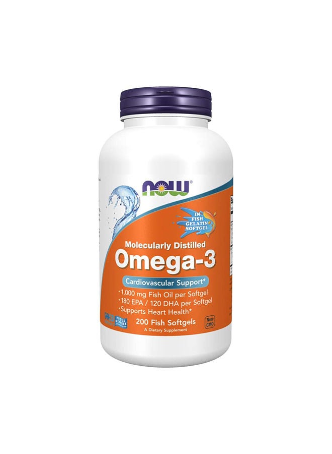 Now Foods Omega-3 1000mg, Molecularly Distilled 200 Softgels - Image 1