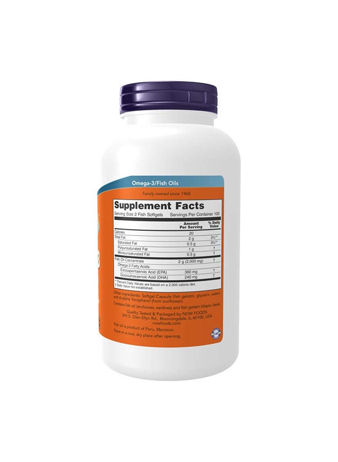 Now Foods Omega-3 1000mg, Molecularly Distilled 200 Softgels - Image 2
