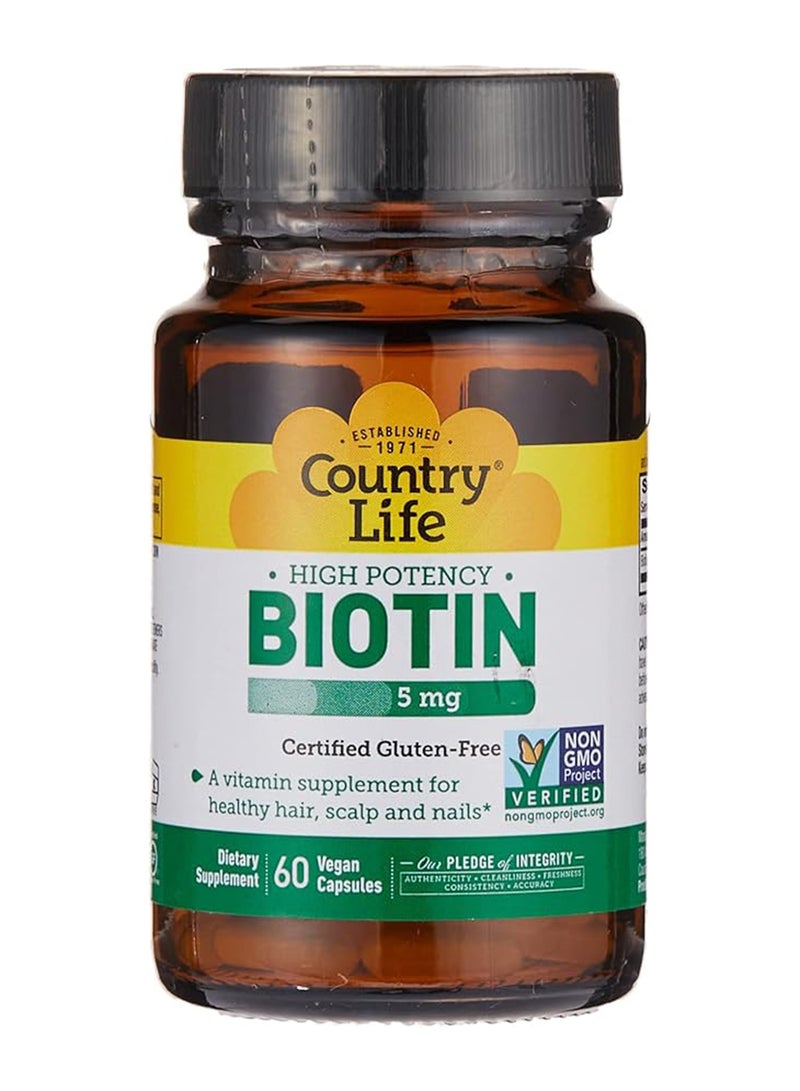 Country Life Biotin Dietary Supplement 5 mg - 60 Vegan Capsules - Image 1