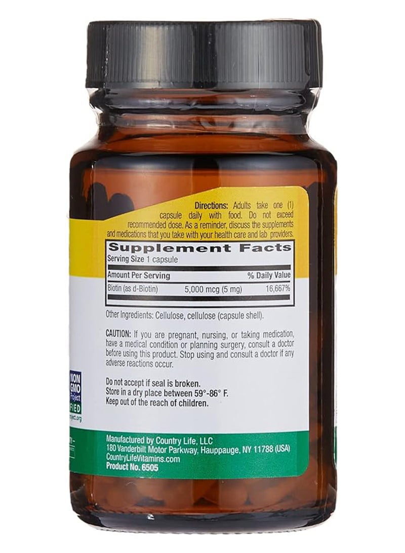 Country Life Biotin Dietary Supplement 5 mg - 60 Vegan Capsules - Image 2