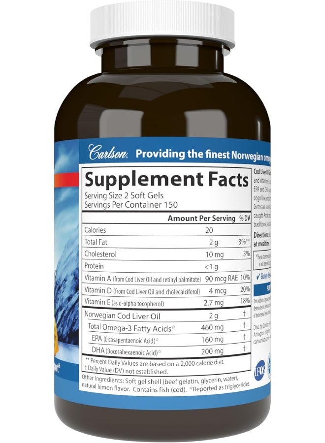 كارلسون لابس مكمل غذائي من زيت كبد سمك القد النرويجي البري بتركيز 460 ملجم - 300 كبسولة هلامية - Image 2