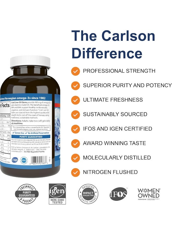 كارلسون لابس مكمل غذائي من زيت كبد سمك القد النرويجي البري بتركيز 460 ملجم - 300 كبسولة هلامية - Image 5