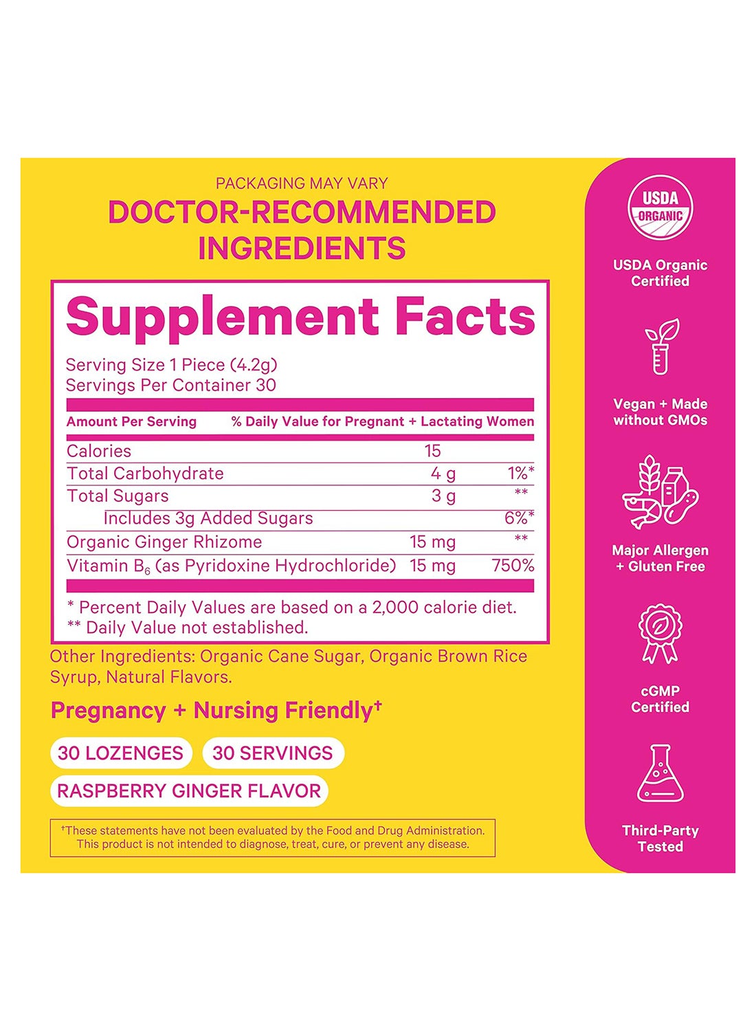 Pink Stork Morning Sickness Sweets Ginger Raspberry Dietary Supplement Lozenges 30'S