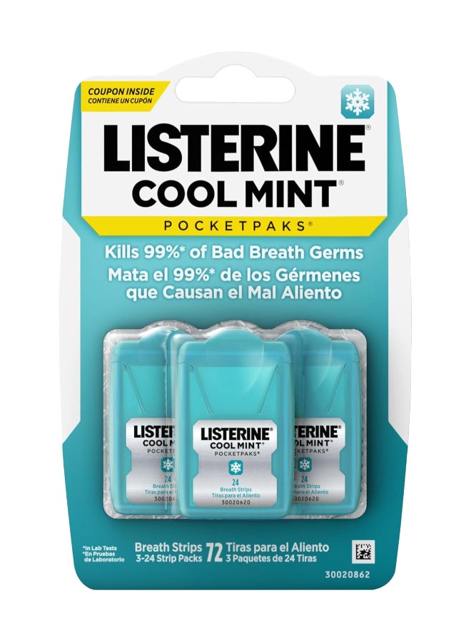 Listerine Cool Mint Pocketpaks Breath Strips, 3 Pack, 24 Strip (72 Count)  - Image 1