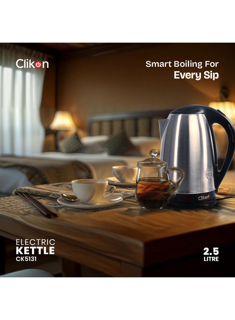 Clikon Stainless Steel Electric Cordless Kettle With 360° Swivel Base Power Cord Storage Auto Cut-off Function LED Indicator 2 Years Warranty 2.5 L 1800 W CK5131 Silver/Black  - Image 2